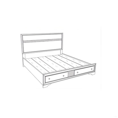 Black and white line drawing of the Madrid Queen Bed with storage drawers and nickel handles in black, featuring a rectangular headboard with a decorative patterned panel and two front base drawers for storage.