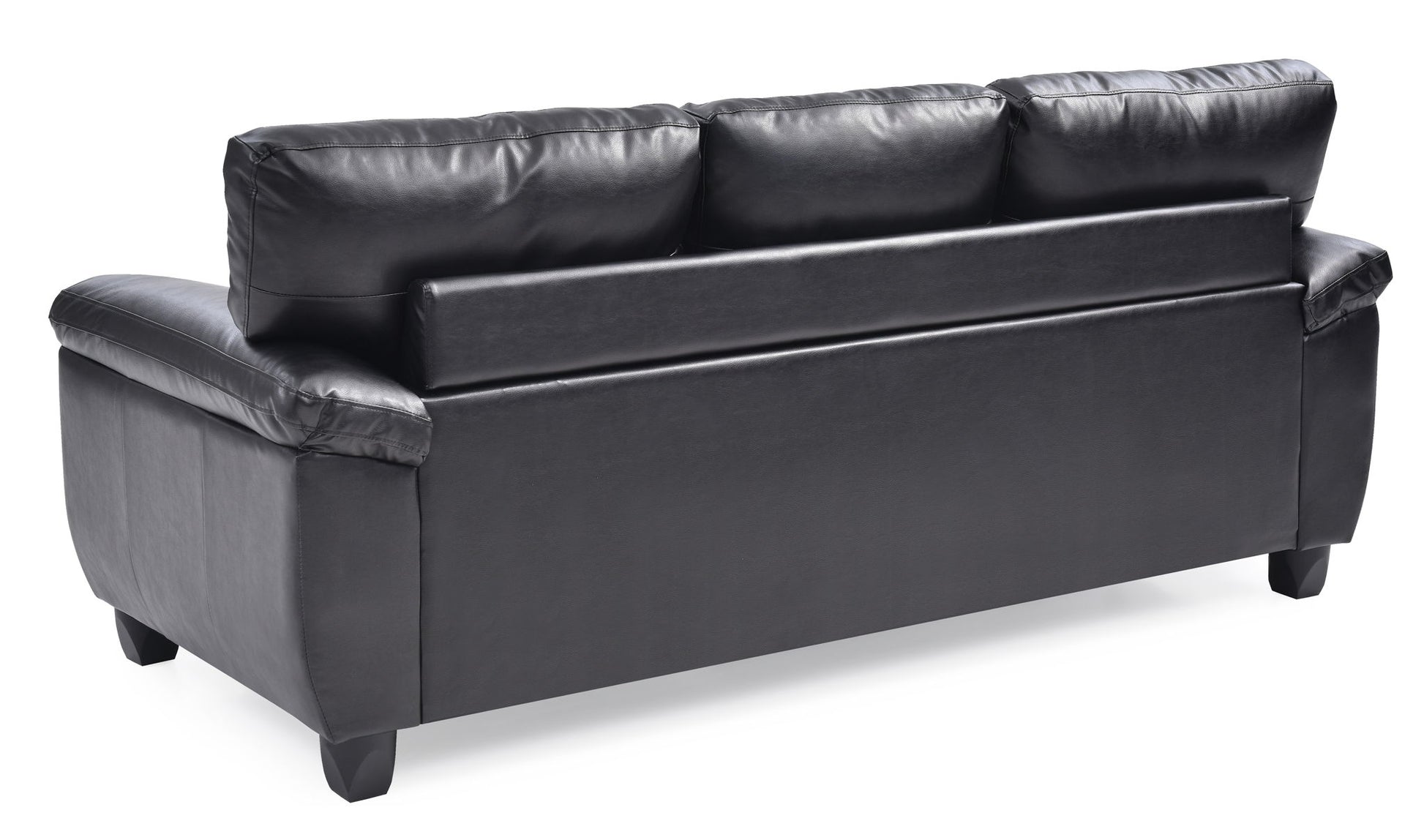The Comfortable Sofa features black leather, three back cushions, wide armrests, and short square legs, as seen from the back.