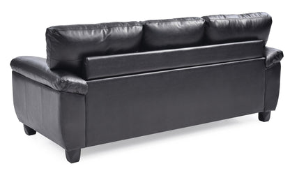 The Comfortable Sofa features black leather, three back cushions, wide armrests, and short square legs, as seen from the back.