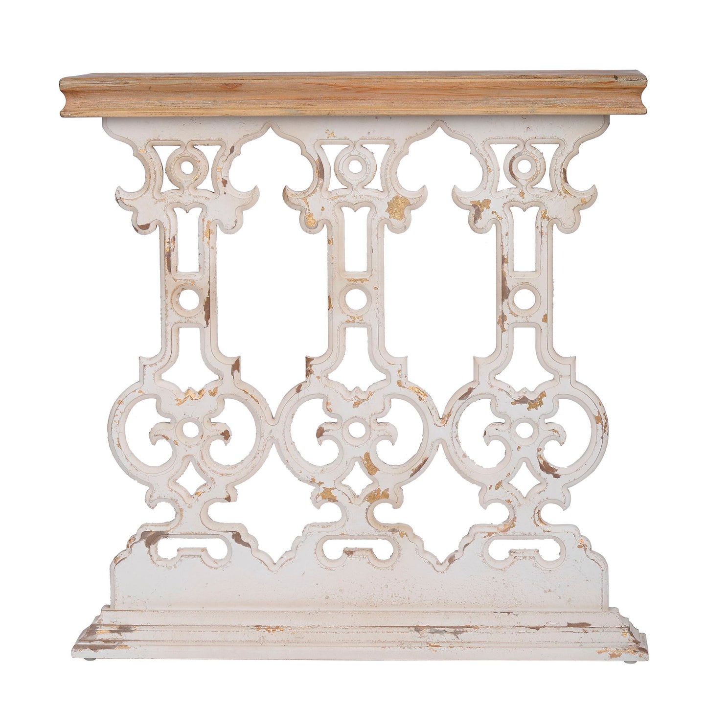 The Classic Vintage Wash Console Table features a brown wood top and an antique white ornate base with intricate scrollwork, set against a plain white background.