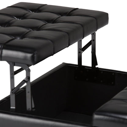A close-up of the Harrison - Large Coffee Table Storage Ottoman in black faux leather, featuring tufted detailing and a lift-top lid with metal hinges that reveals a spacious storage compartment inside.