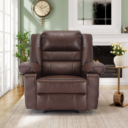 The Breathable Leather Massage Recliner Manual Chair with quilted detailing sits on a beige rug in a bright living room, with a clock, green plant, white fireplace, vase of flowers, and windows in the background.