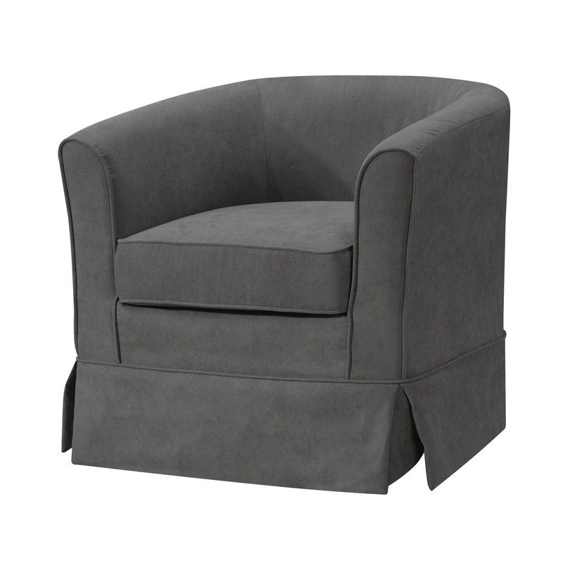 The Tucker - Woven Fabric Swivel Barrel Chair features dark gray upholstery, a curved back, thick seat cushion, and a skirted base, displayed against a white background.
