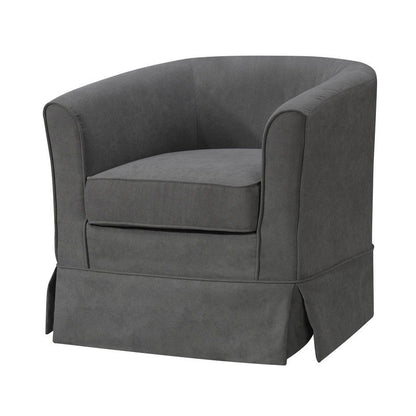 The Tucker - Woven Fabric Swivel Barrel Chair features dark gray upholstery, a curved back, thick seat cushion, and a skirted base, displayed against a white background.