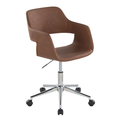 The Margarite Contemporary Office Task Chair features brown faux leather, armrests, an open lower back, a chrome base, and five black caster wheels.