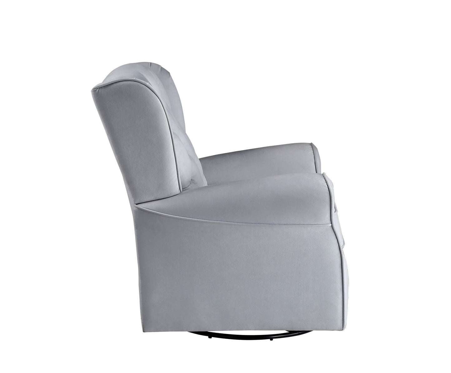 Side view of the Couch.com Zeger Glider Chair With Swivel Gray, featuring a curved backrest, cushioned seat, durable fabric construction, storage, and a circular swivel base. Shown in light gray against a plain white background.