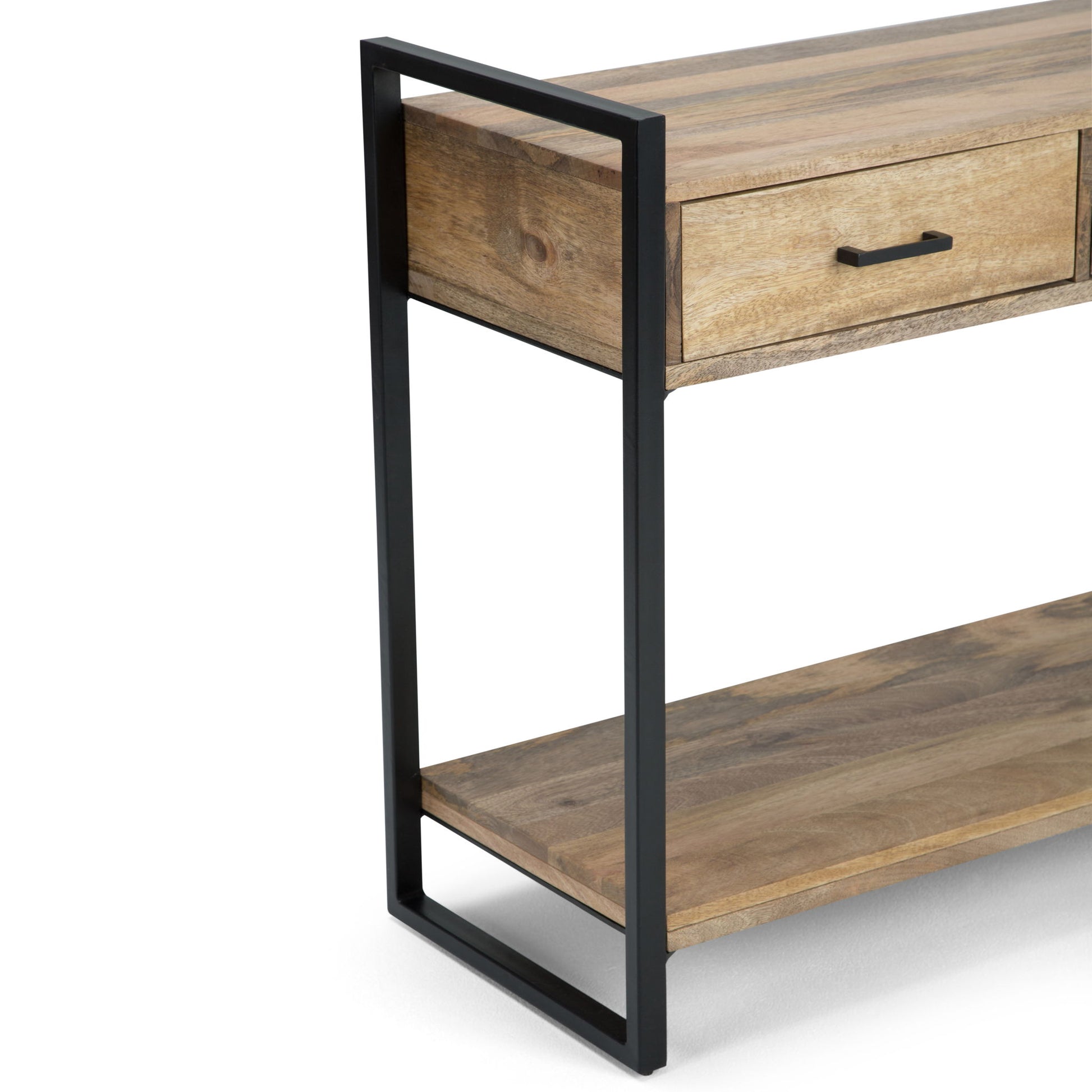 The Riverside - Table is a modern console table with a wooden top, drawer, lower shelf, and black metal rectangular side legs.