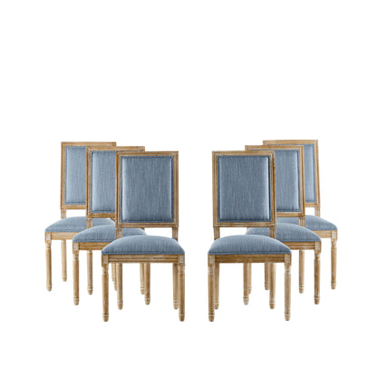 Six French Country Style Dining Chairs with light blue upholstered seats and fluted legs, arranged in two rows of three on a white background.