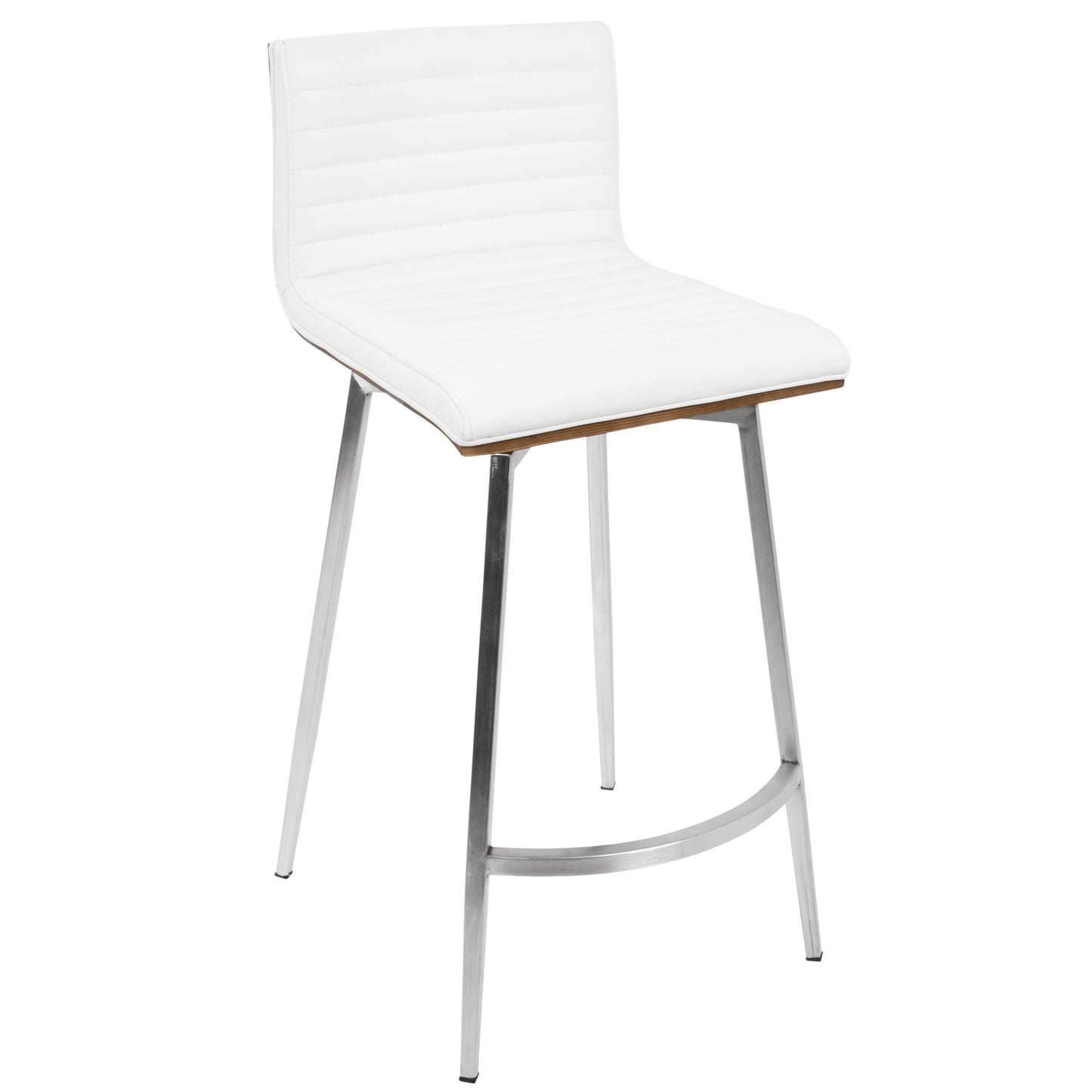 The Mason 3-Piece Swivel Mid Century Modern Counter Height Dining Set features sleek white bar stools with low padded backrests, horizontal stitching, slim metal legs, and a footrest, shown against a plain white background.