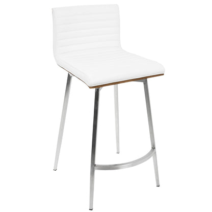 The Mason 3-Piece Swivel Mid Century Modern Counter Height Dining Set features sleek white bar stools with low padded backrests, horizontal stitching, slim metal legs, and a footrest, shown against a plain white background.