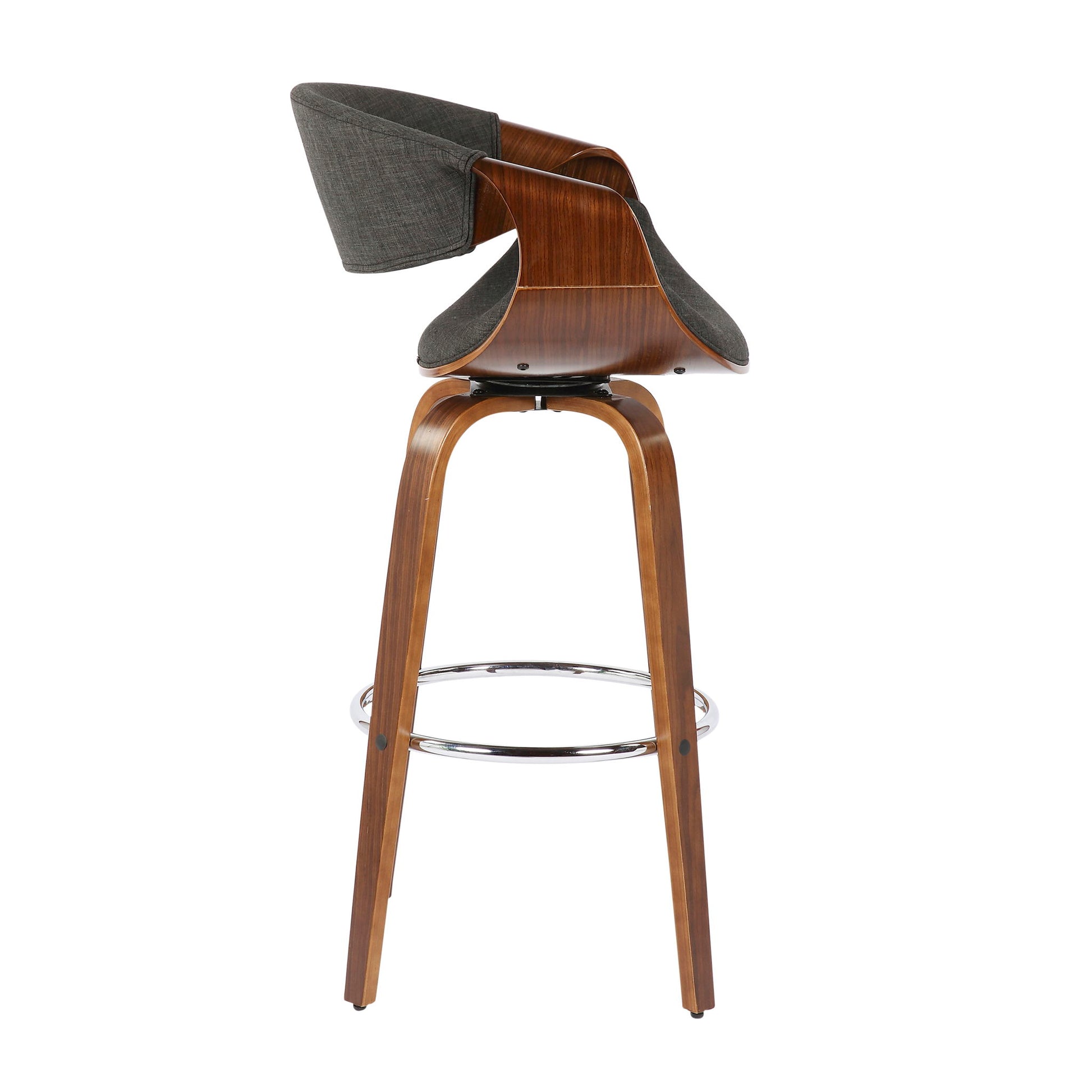 The Curvini Mid-Century Modern Fixed Height Barstool with Swivel (Set of 2) features a curved wooden frame, four legs, a circular metal footrest, and dark upholstered seat and backrest, shown in side view.