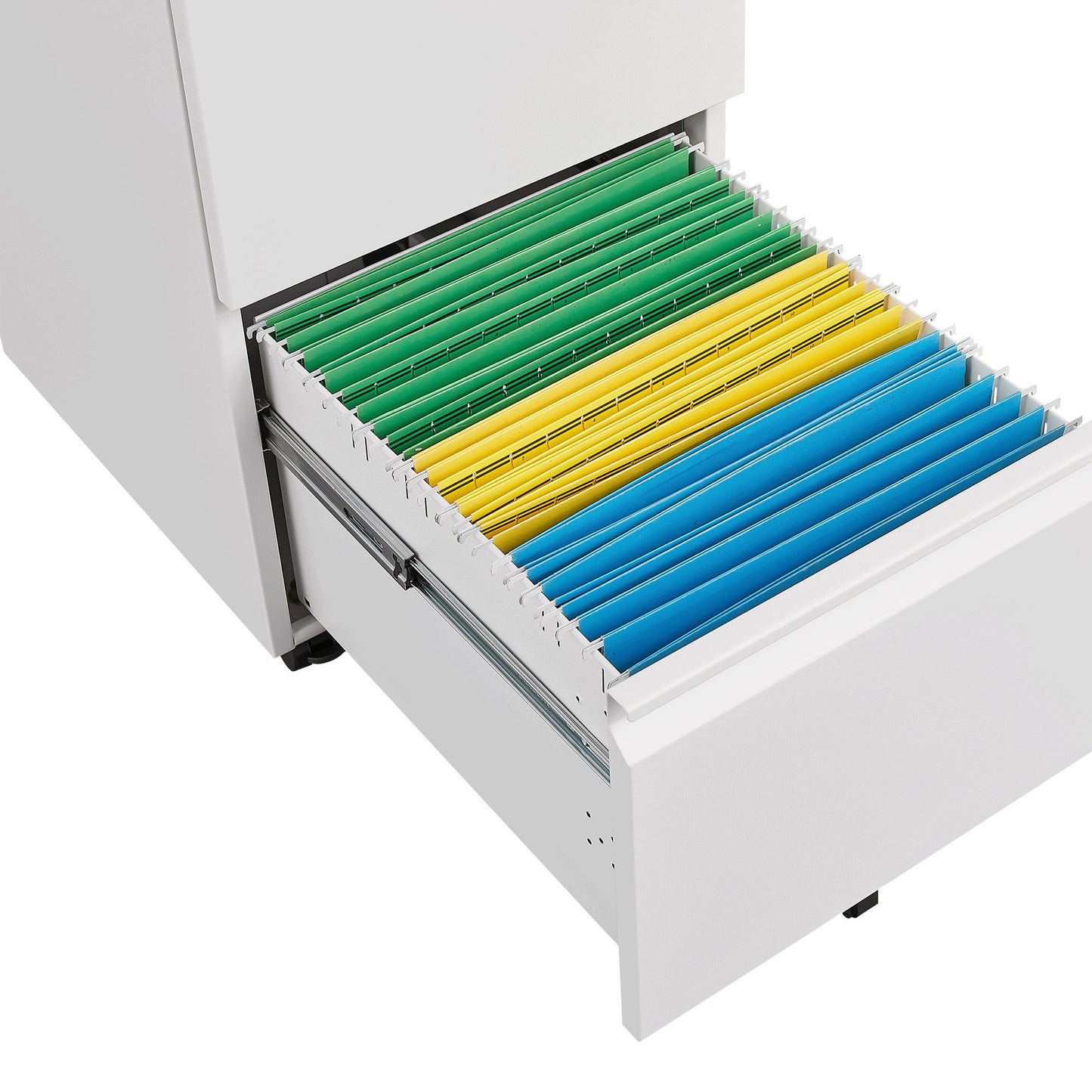 The 2 Drawer File Cabinet With Lock is open to reveal organized green, yellow, and blue hanging file folders. This metal under desk rolling filing cabinet fits letter, legal, and A4 size files for your home office.