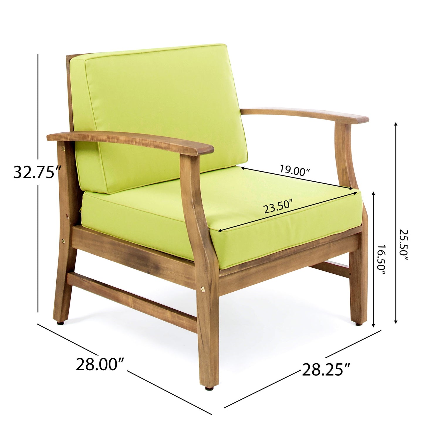 The Perla Contemporary Club Chair features water-resistant light green cushions and a wooden frame. Dimensions: height 32.75", armrest height 25", seat height 16.5", seat depth 19", seat width 23.5", depth 28.25", width 28".