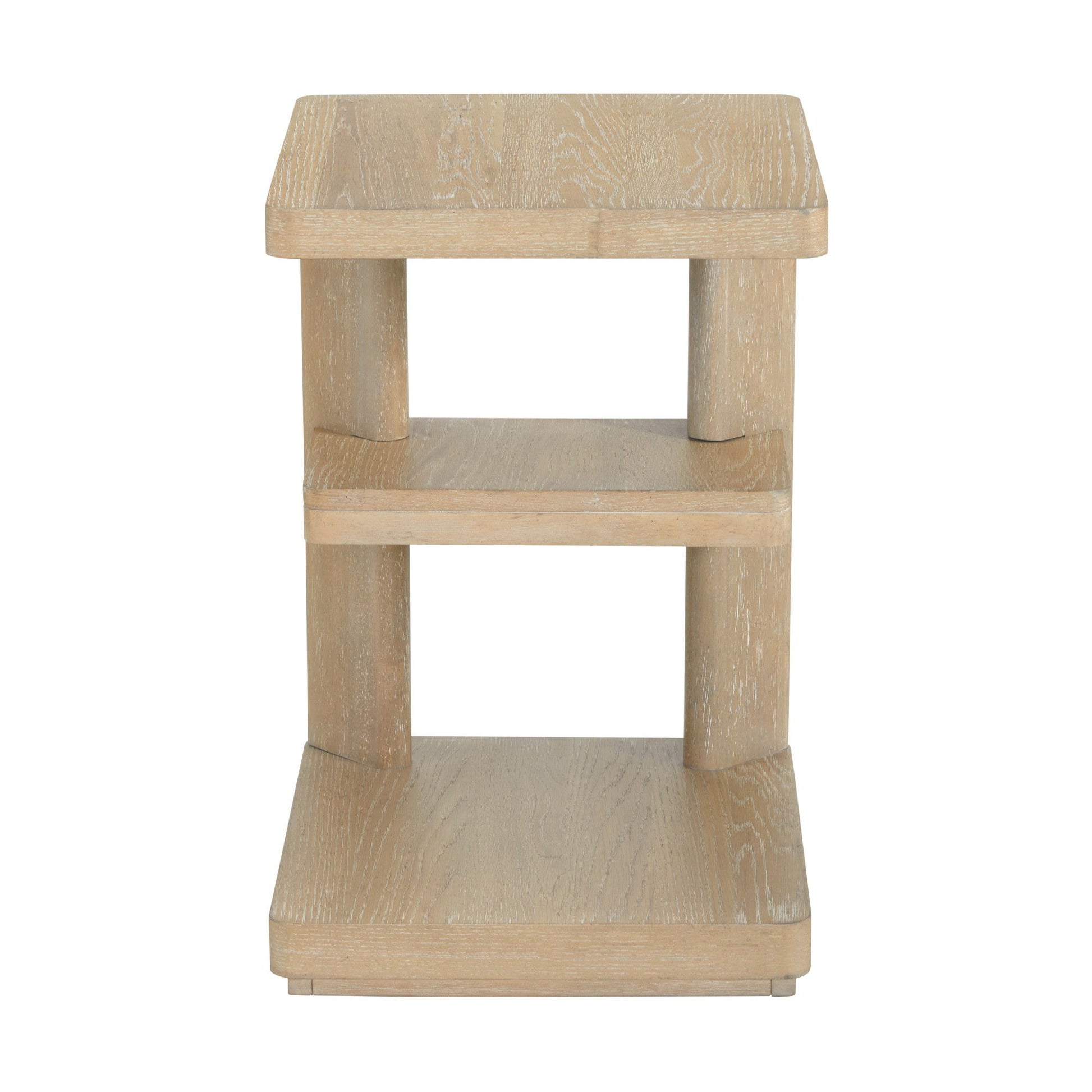 The Clove Chairside Table in tan features a light wood finish, three tiers, a rectangular shape, and open sides, displayed against a white background.