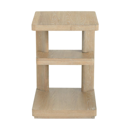 The Clove Chairside Table in tan features a light wood finish, three tiers, a rectangular shape, and open sides, displayed against a white background.