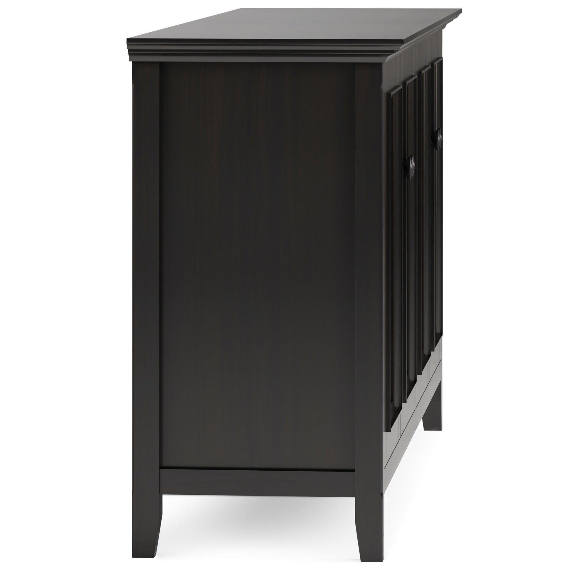A side view of the Amherst Wide 4 Door Storage Cabinet in Hickory Brown, featuring a flat top, paneled doors, four legs, and a simple modern design with clean lines and a rich dark finish.