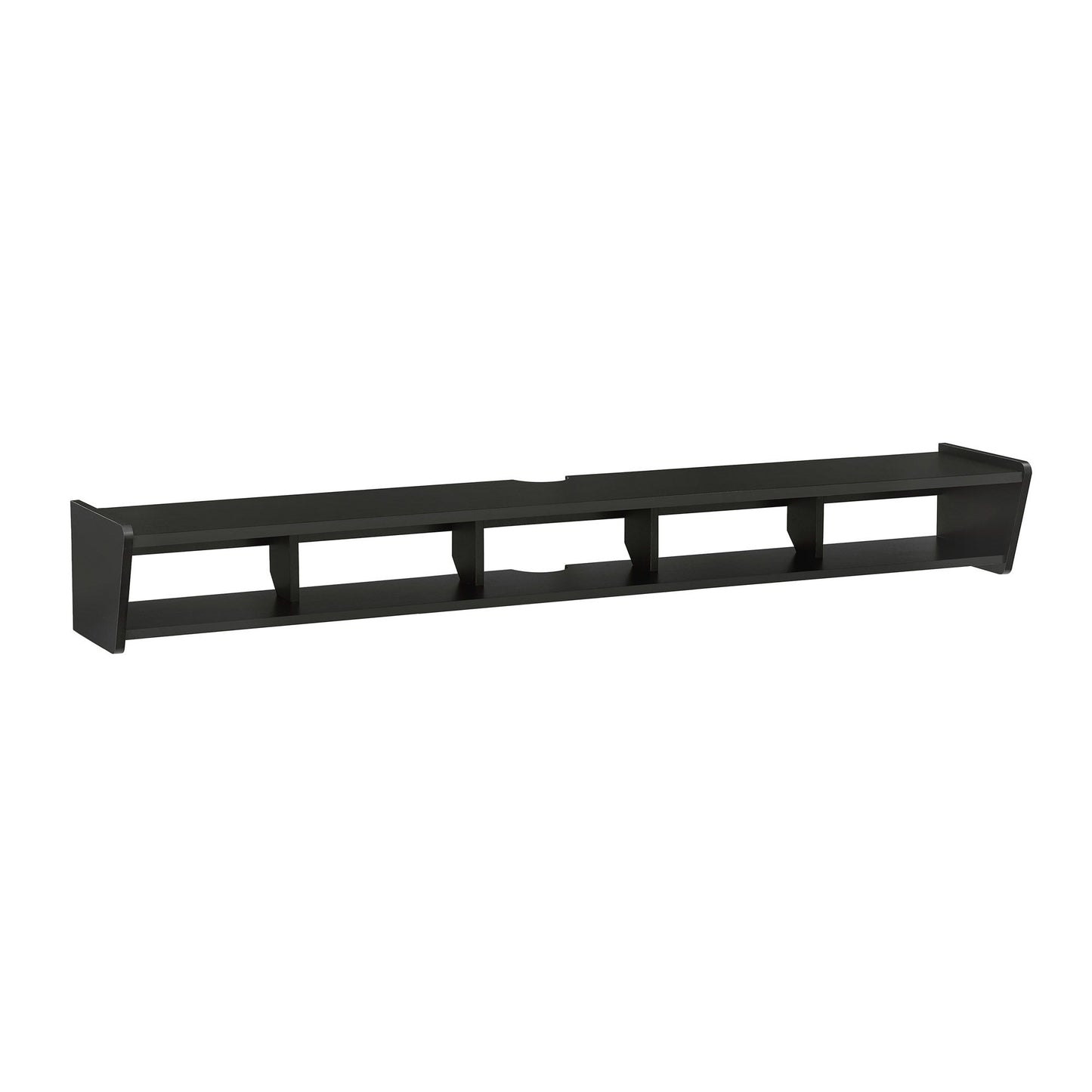 The Modern Wall-Mounted Floating TV Stand is a long, rectangular black shelf featuring four open cubby compartments and a flat top surface.