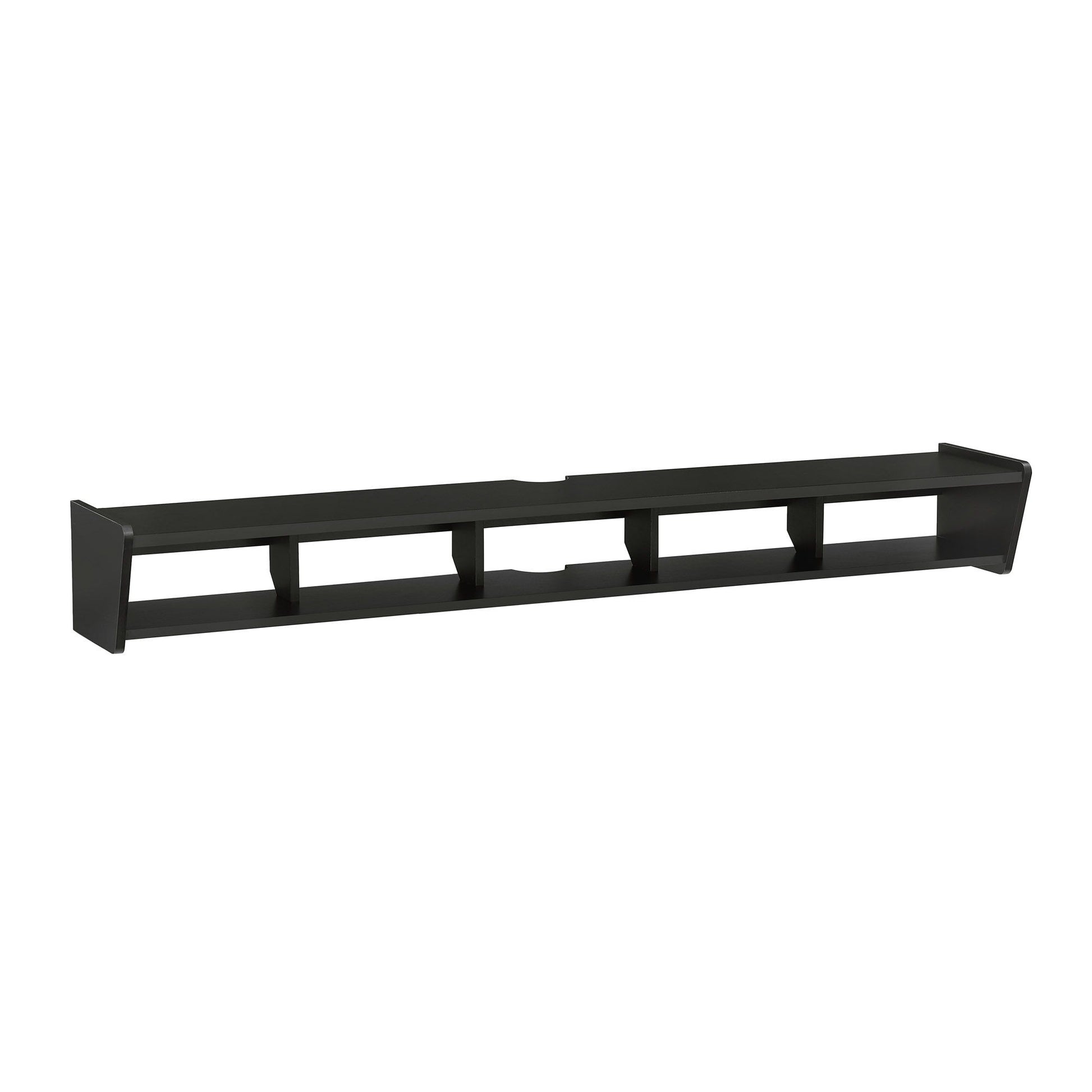 The Modern Wall-Mounted Floating TV Stand is a long, rectangular black shelf featuring four open cubby compartments and a flat top surface.