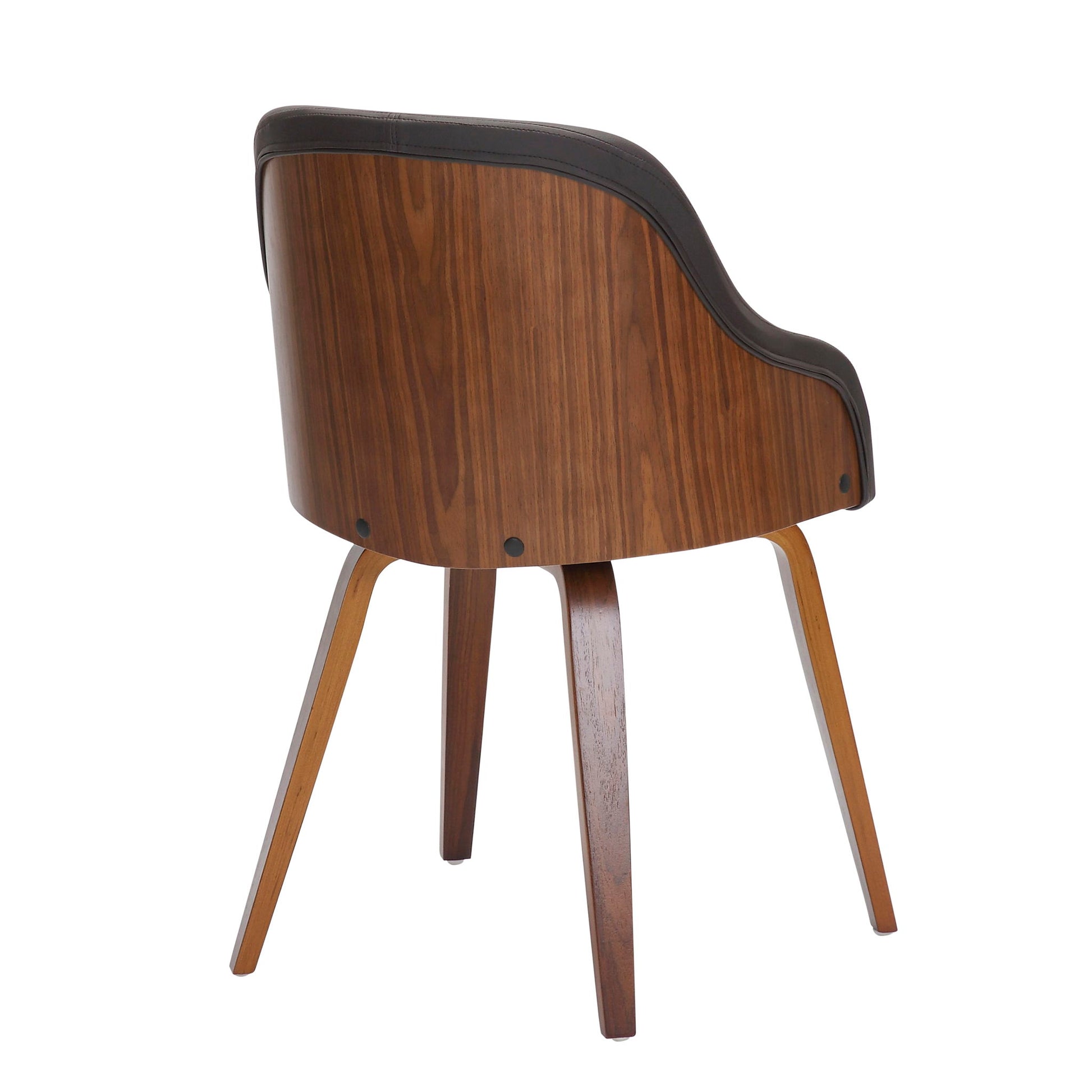 The Bacci Mid Century Modern Dining Chair features a curved backrest, four angled legs in a medium wood finish, and dark upholstery on the seat and back. Shown from the rear angle.