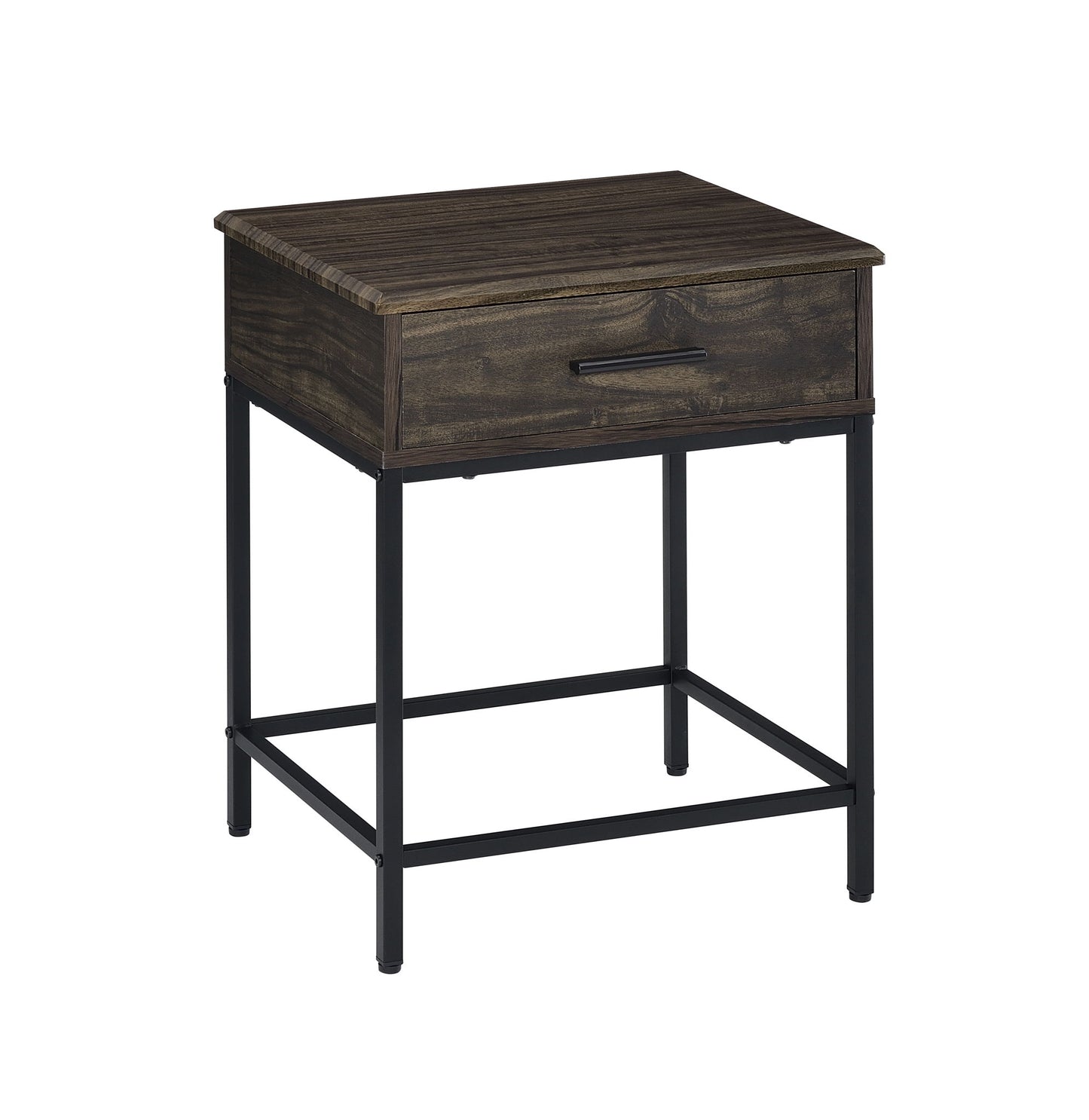The Cliff - Modern Design Table is a wooden side table with a single drawer, a rectangular top, and open minimalist black metal legs.