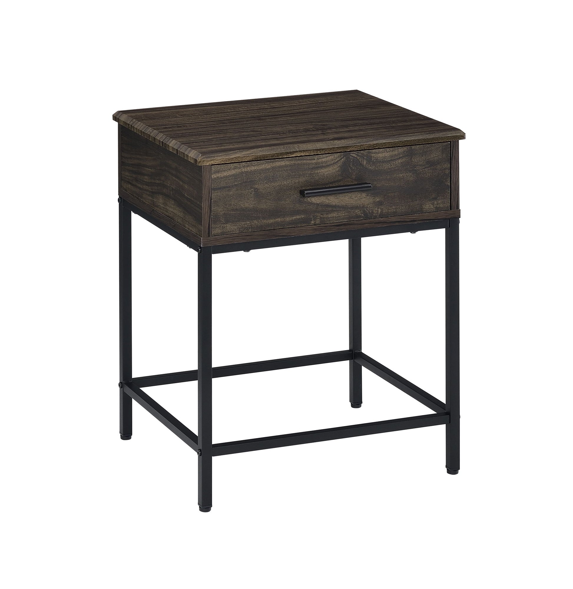 The Cliff - Modern Design Table is a wooden side table with a single drawer, a rectangular top, and open minimalist black metal legs.