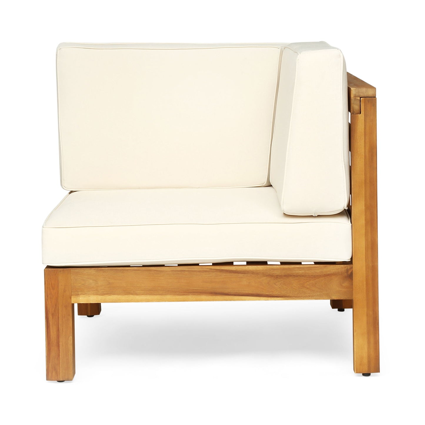 The Oana 3 Piece Love Seat Set features a modern, minimalist design with natural wood frames and cream-colored cushions on the seat, back, and side. The set includes a corner chair and coffee table for stylish comfort.
