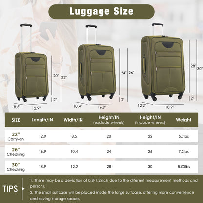 Softside Luggage 3 Piece Set With Duffel Bag 22" / 26" / 30" Lightweight Expandable Spinner Travel Case - Army Green