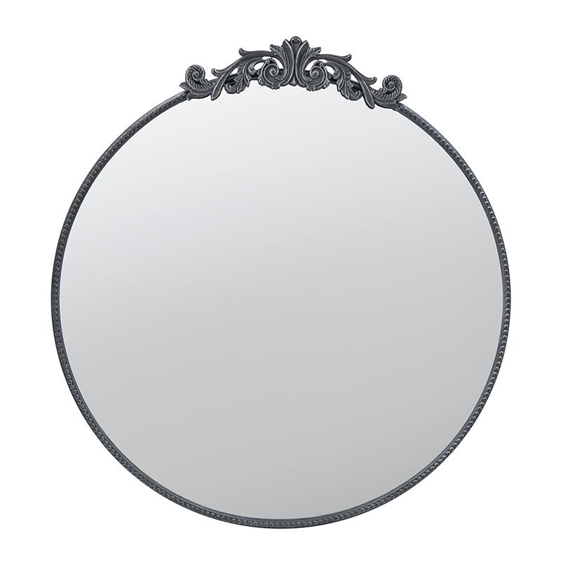 The Classic Design Mirror features a baroque-inspired black ornate frame with decorative scrollwork and a textured border, perfect for bathrooms or entryways. Its simple yet elegant style complements any decor when leaned against the wall.