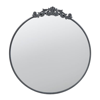 The Classic Design Mirror features a baroque-inspired black ornate frame with decorative scrollwork and a textured border, perfect for bathrooms or entryways. Its simple yet elegant style complements any decor when leaned against the wall.