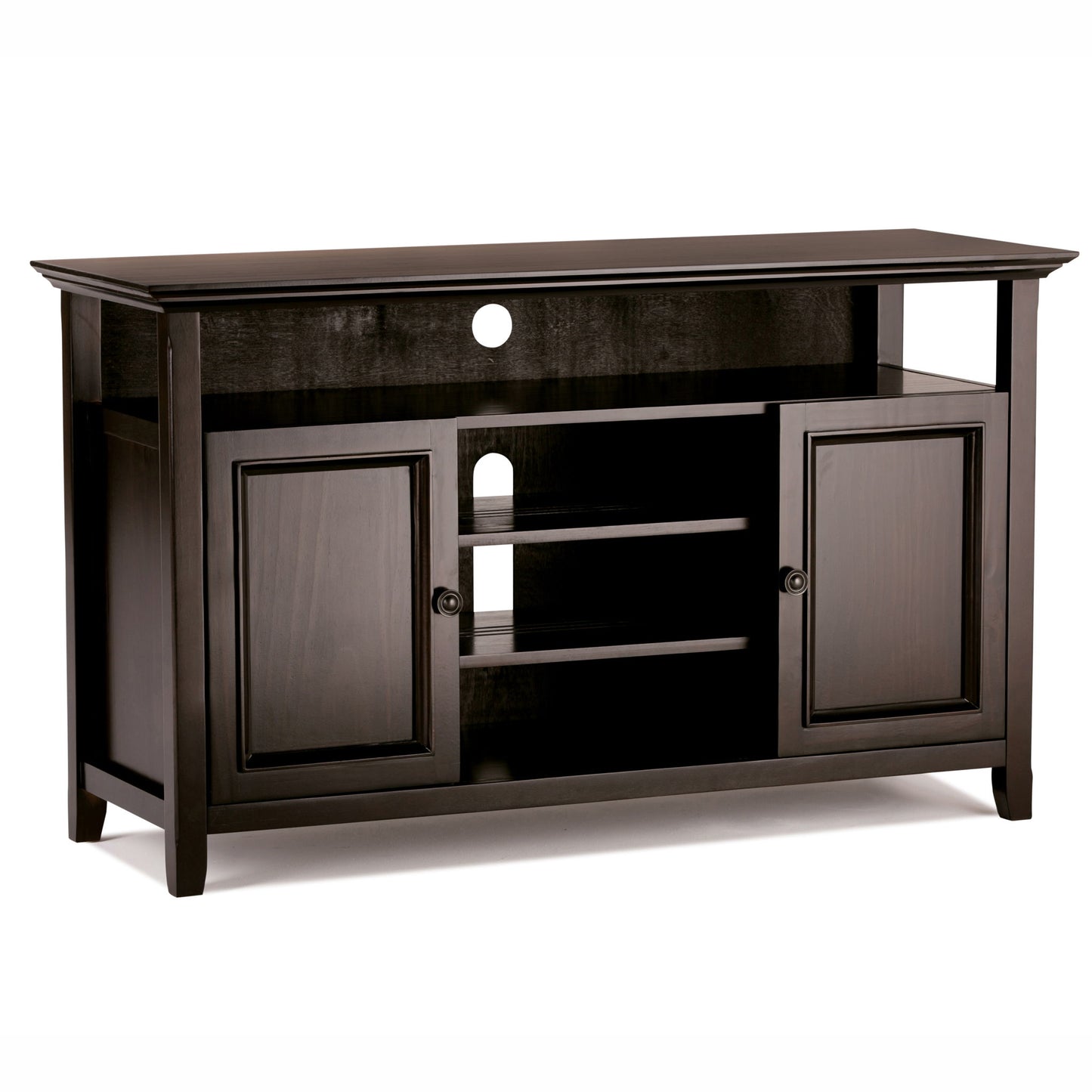 The Amherst - TV Media Stand, Handcrafted, features a dark wood finish, open center shelves, two side cabinets with doors, a large top open compartment, and a circular cable management hole in the back panel.