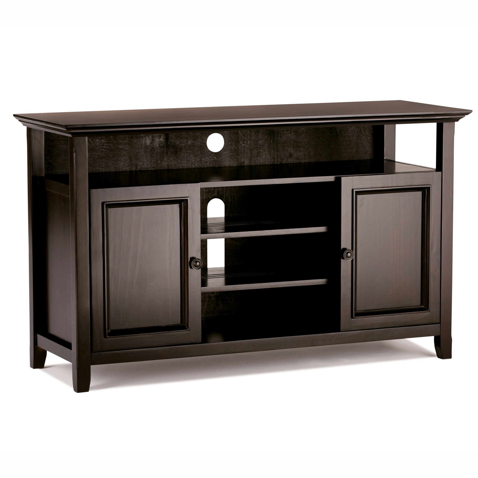 The Amherst - TV Media Stand, Handcrafted, features a dark wood finish, open center shelves, two side cabinets with doors, a large top open compartment, and a circular cable management hole in the back panel.