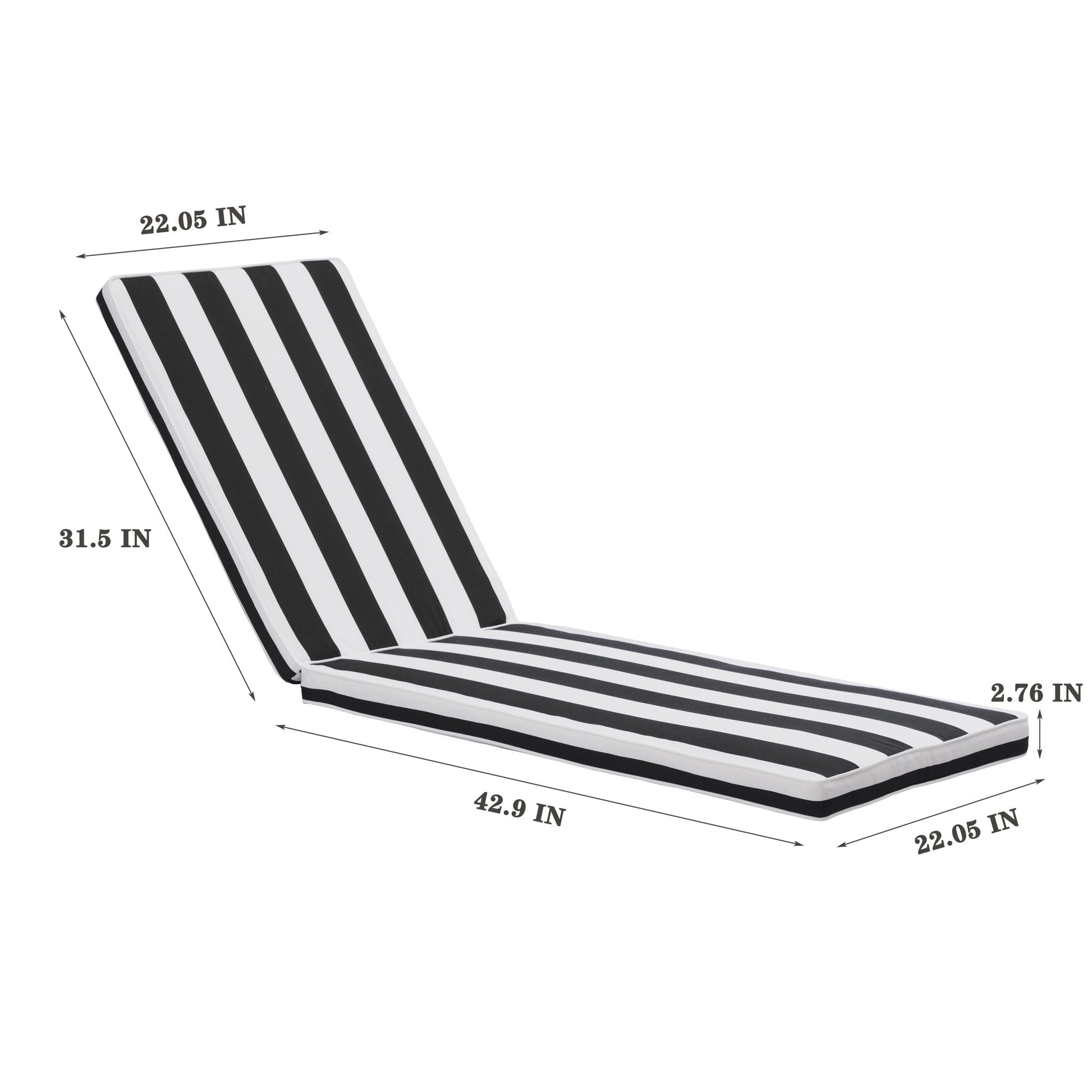 The Outdoor Lounge Chair Cushion Replacement features a black and white striped design, measuring 31.5"x22.05" (backrest), 42.9"x22.05" (seat), with a cushion thickness of 2.76", perfect for patio chaise lounges.