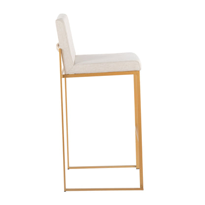 Side view of the Fuji - Contemporary Design High Back Barstool (Set of 2), featuring a light beige cushioned seat and backrest on a sleek gold metal frame with straight legs and a minimalistic design.