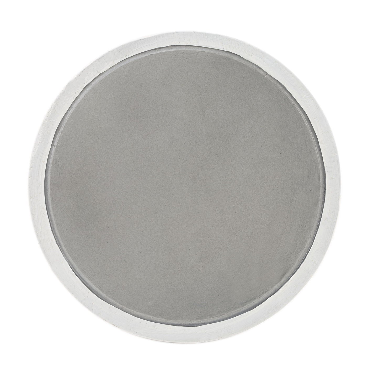 A round, flat gray surface with a slightly raised white edge, resembling the top of the Dylana Natural Fiber Concrete Accent Table in Gray when viewed from above.