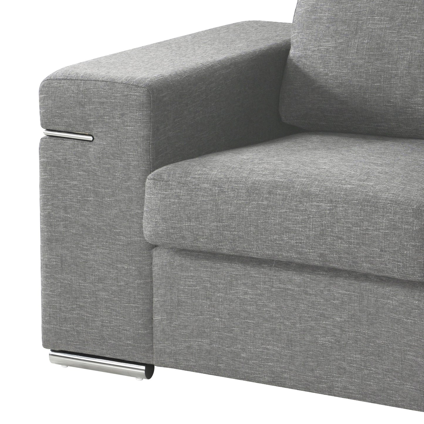 Close-up of the left armrest and seat of the Gianna - Fabric Arm Chair, showcasing modern grey upholstery, clean lines, and a sleek metal accent at the base and side of the armrest.