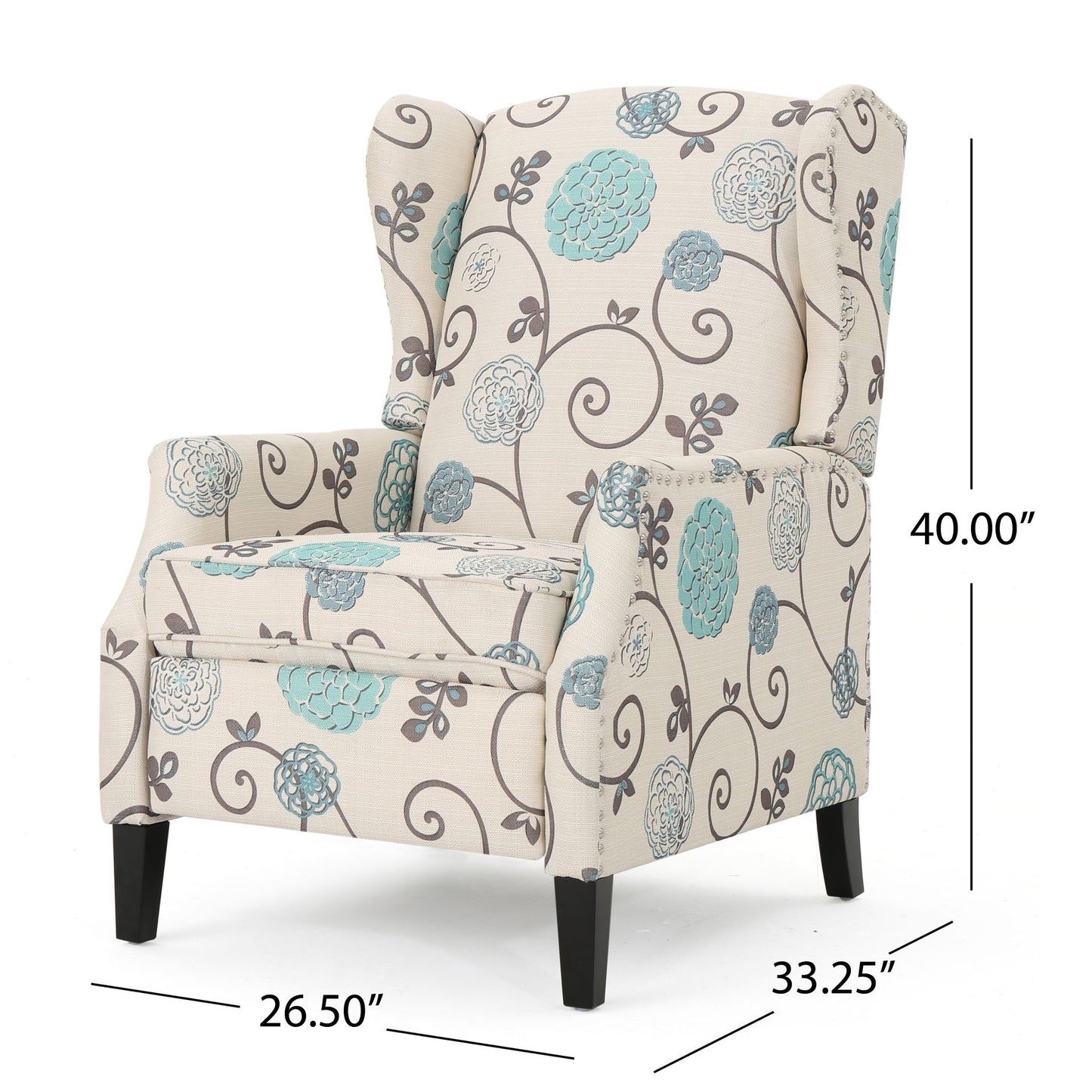 The Westeros Wing Back Fabric Upholstered Recliner features a beige finish with blue and gray floral patterns, dark wooden legs, and measures 40"H x 33.25"D x 26.5"W.
