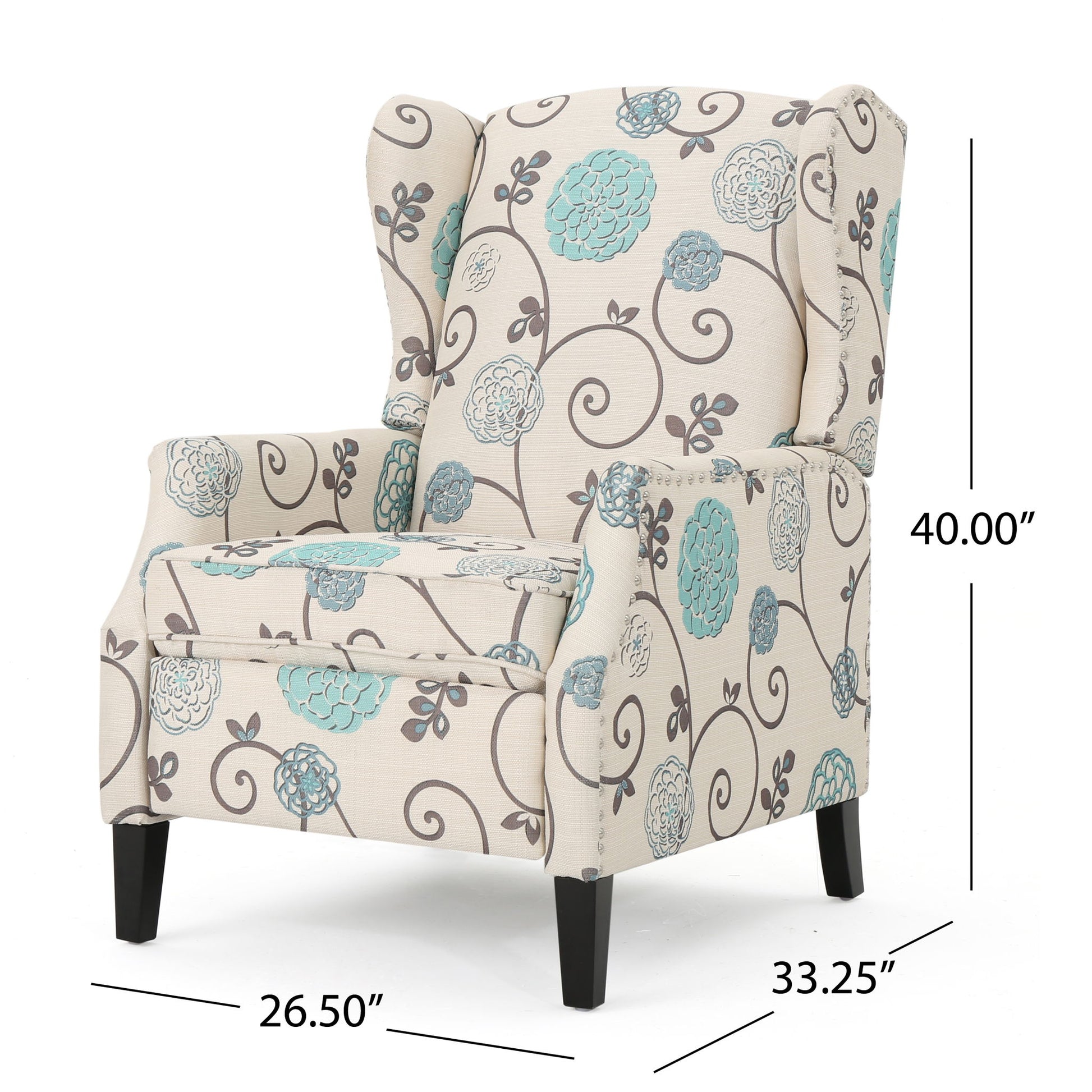 The Westeros Wing Back Fabric Upholstered Recliner features a beige finish with blue and gray floral patterns, dark wooden legs, and measures 40"H x 33.25"D x 26.5"W.
