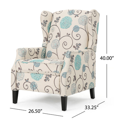 The Westeros Wing Back Fabric Upholstered Recliner features a beige finish with blue and gray floral patterns, dark wooden legs, and measures 40"H x 33.25"D x 26.5"W.