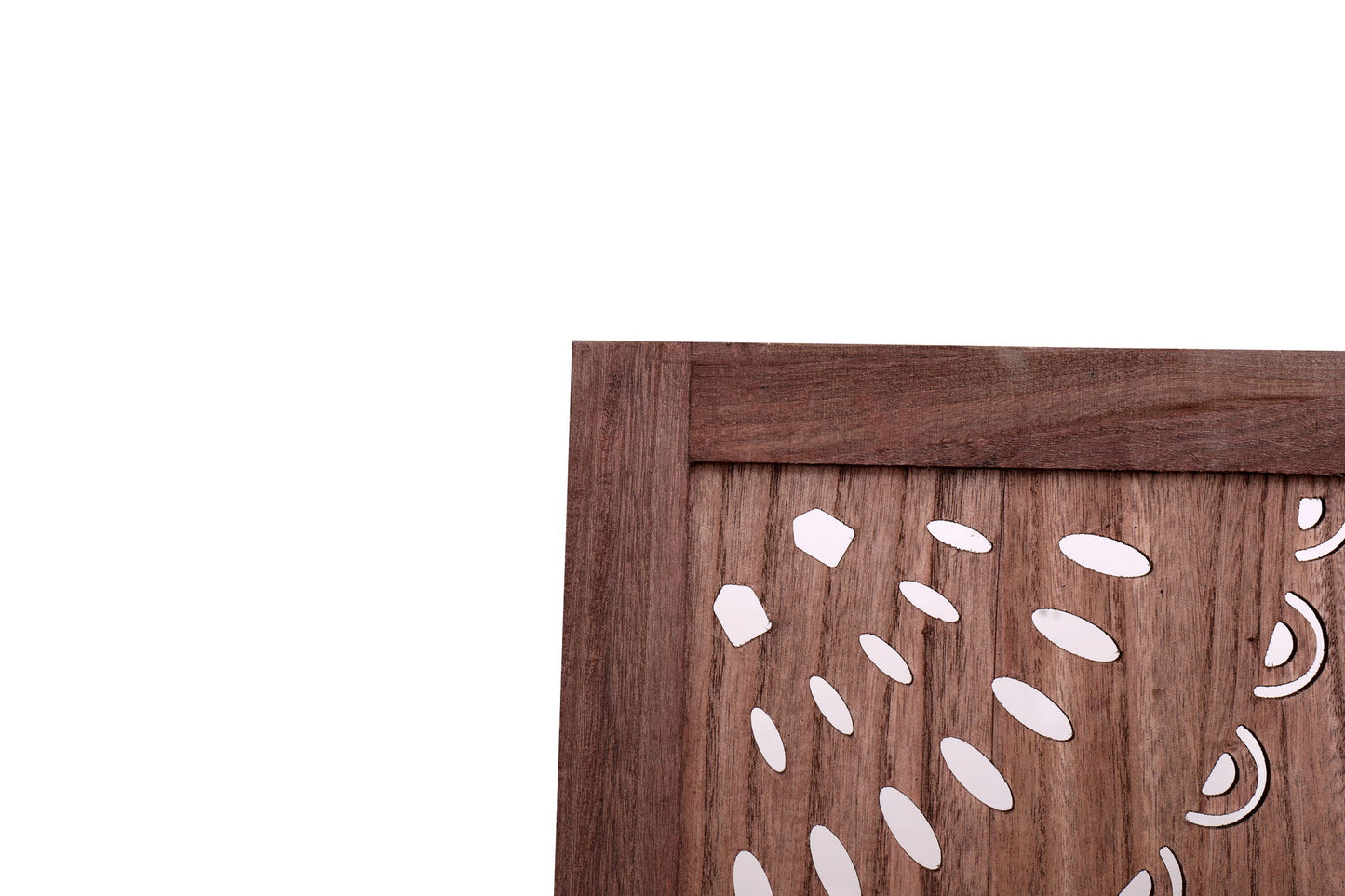 A close-up of the Panel Solid Wood Folding Room Divider shows its irregular oval and curved cut-outs, framed with a simple wooden border and set against a plain white background.