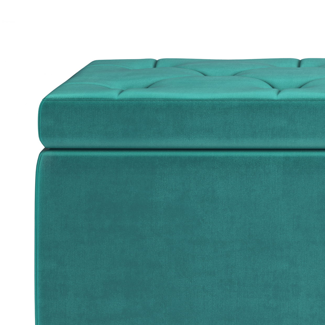 A close-up of the Hamilton Upholstered Storage Ottoman in teal, featuring tufted details and a soft, velvet-like texture, set against a white background.