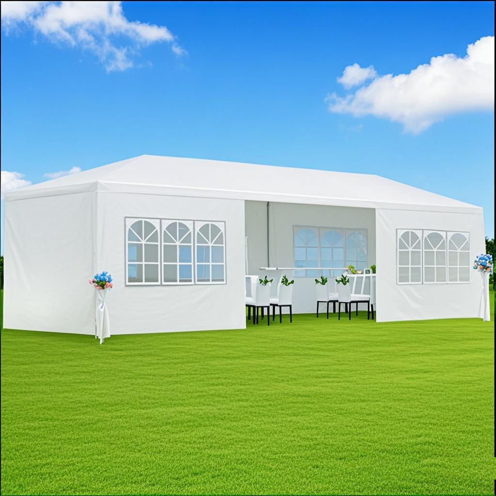 A 10x20' Outdoor Garden Gazebo Wedding Party Tent Canopy Marquee with removable sidewalls stands on green grass under a blue sky. Inside, tables and chairs are decorated with flowers. Arched windows let in sunlight.