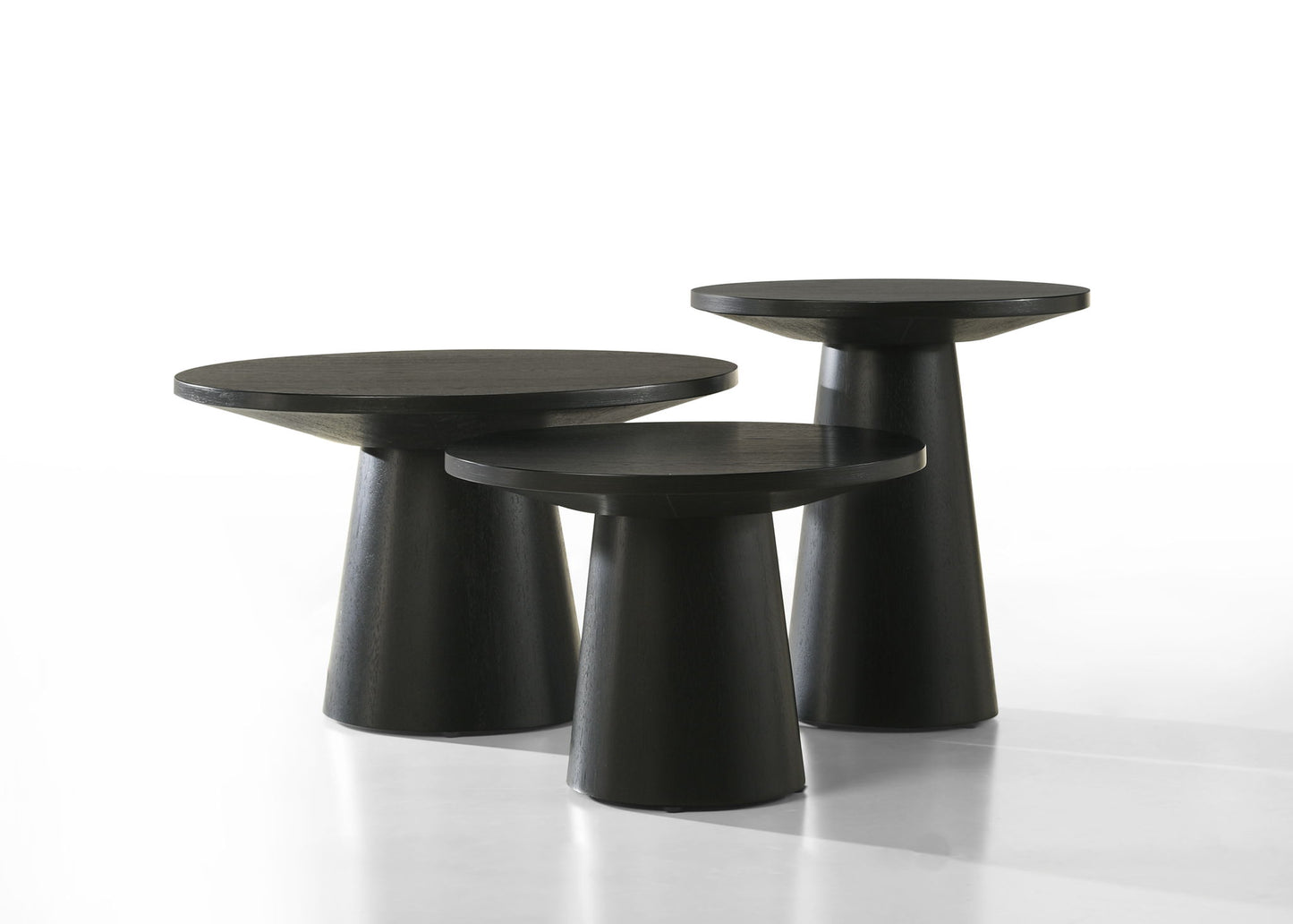 The Jasper - 3 Piece Coffee, End, And Console Table Set in Ebony Black features three modern round-top tables with thick conical bases, arranged at different heights on a white background.
