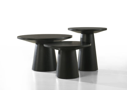 The Jasper - 3 Piece Coffee, End, And Console Table Set in Ebony Black features three modern round-top tables with thick conical bases, arranged at different heights on a white background.