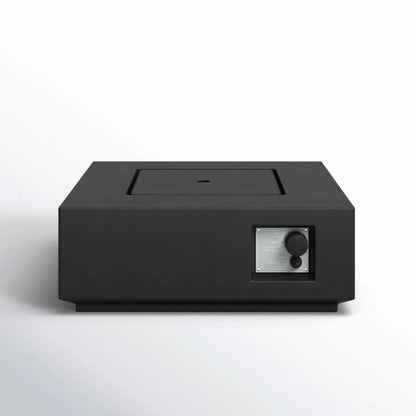 A Reinforced Propane / Gas Fire Pit Table in black, rectangular shape with a central lid on top and a control panel featuring a dial and switch on the lower right front, displayed against a plain white background.