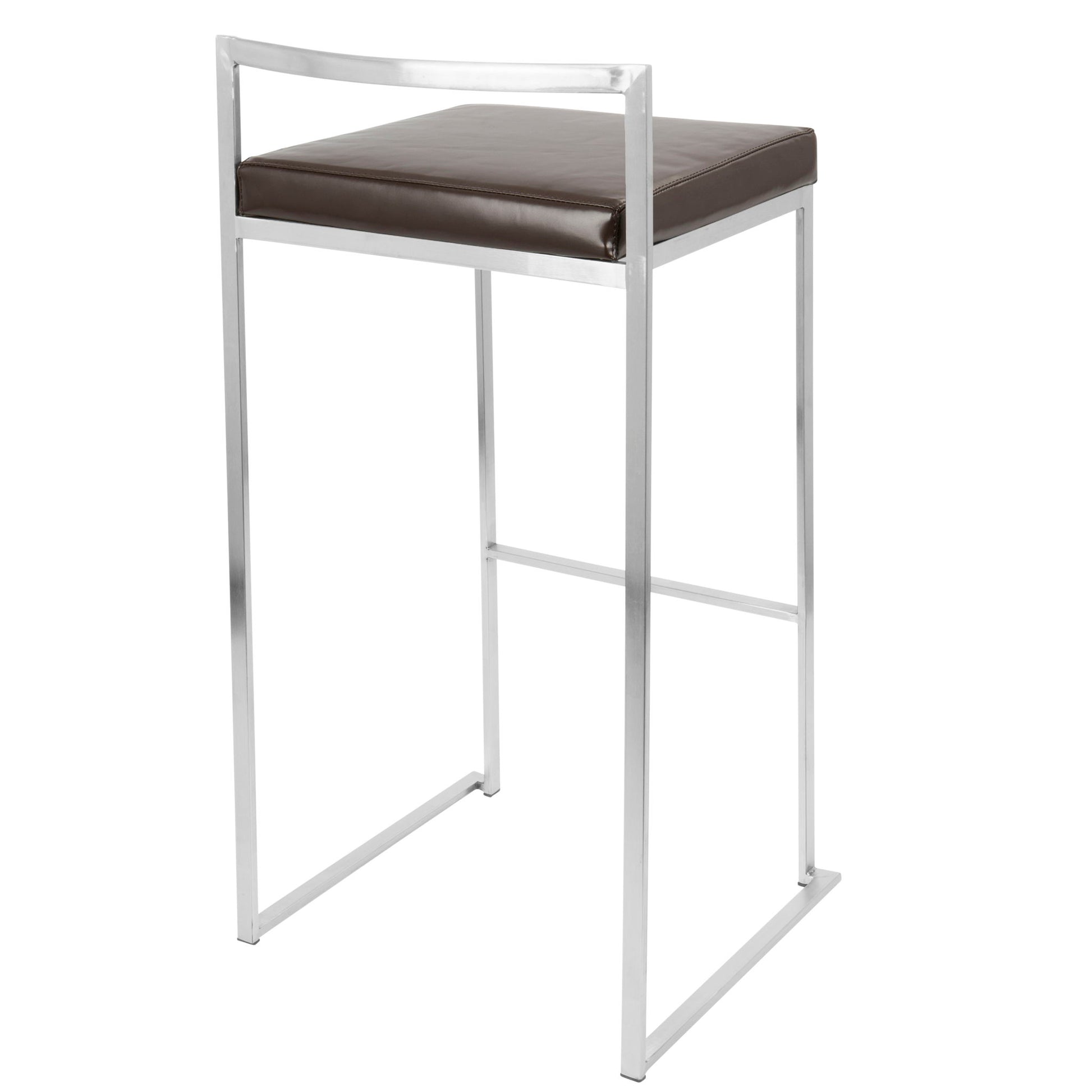 The Fuji - Contemporary Stackable Design Barstool features a sleek metal frame and a square cushioned brown leather seat, with clean lines and an open backrest for a modern look.