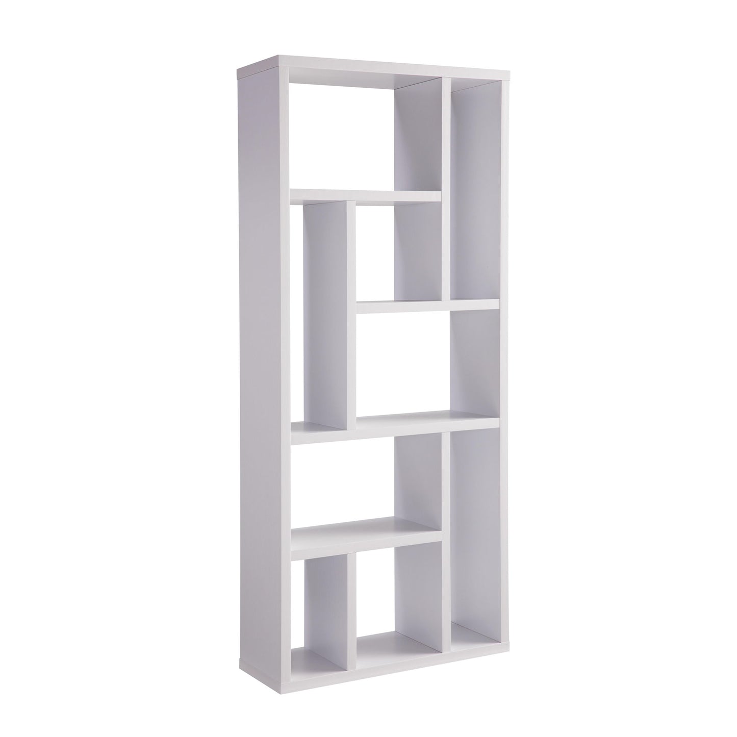 The Versatile Display Cabinet is a modern white bookshelf with an open-back design and multiple rectangular and square compartments arranged asymmetrically.