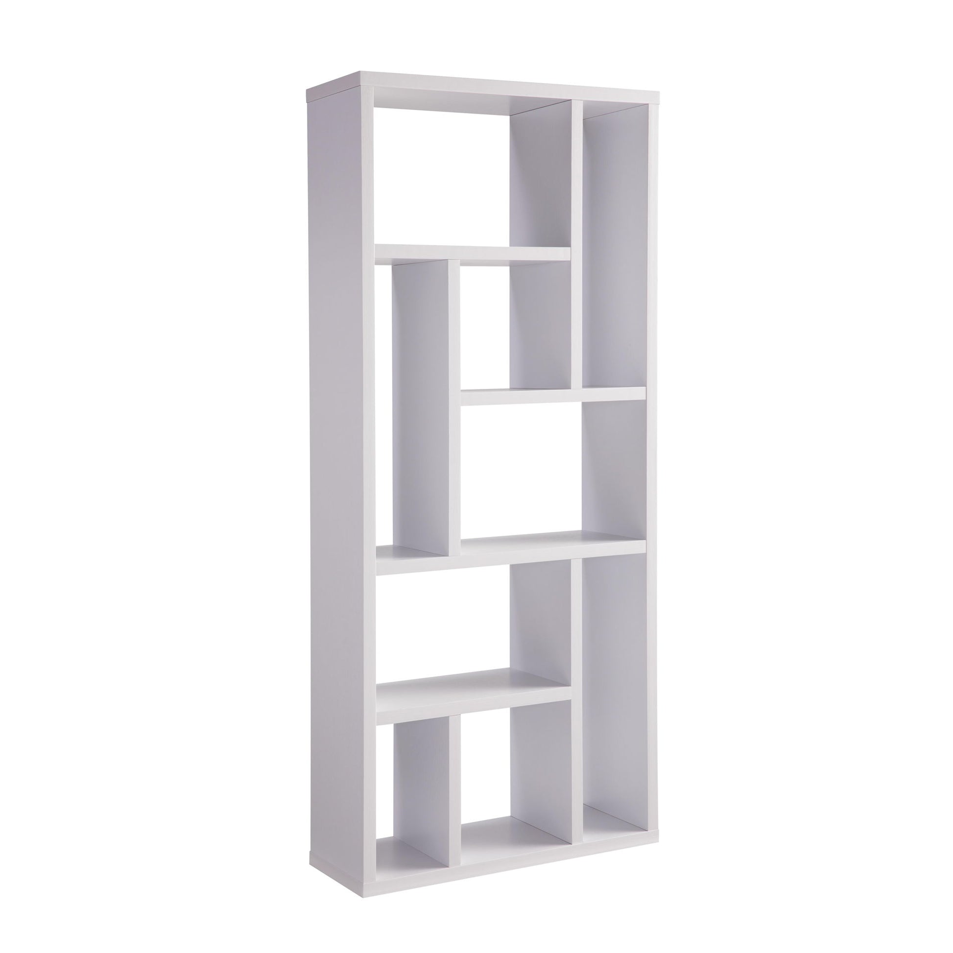The Versatile Display Cabinet is a modern white bookshelf with an open-back design and multiple rectangular and square compartments arranged asymmetrically.