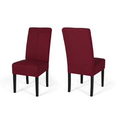 The Pertica Dining Upholstered Armless Chairs (Set of 2) are shown front and back, featuring deep red seats and backs with straight black wooden legs on a white background.
