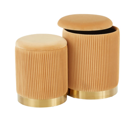 The Marla Contemporary Nesting Pleated Ottoman Set features two tan cylindrical ottomans with ribbed sides, smooth cushioned tops, and gold metallic bases. The larger ottoman's slightly open lid reveals hidden storage space.