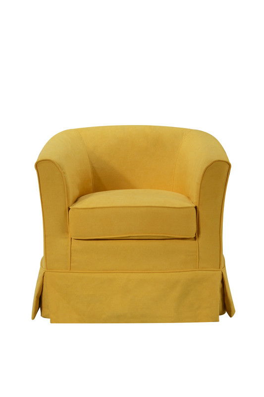 The Tucker - Woven Fabric Swivel Barrel Chair is a yellow upholstered armchair with a curved back, cushioned seat, and skirted bottom, shown against a white background.